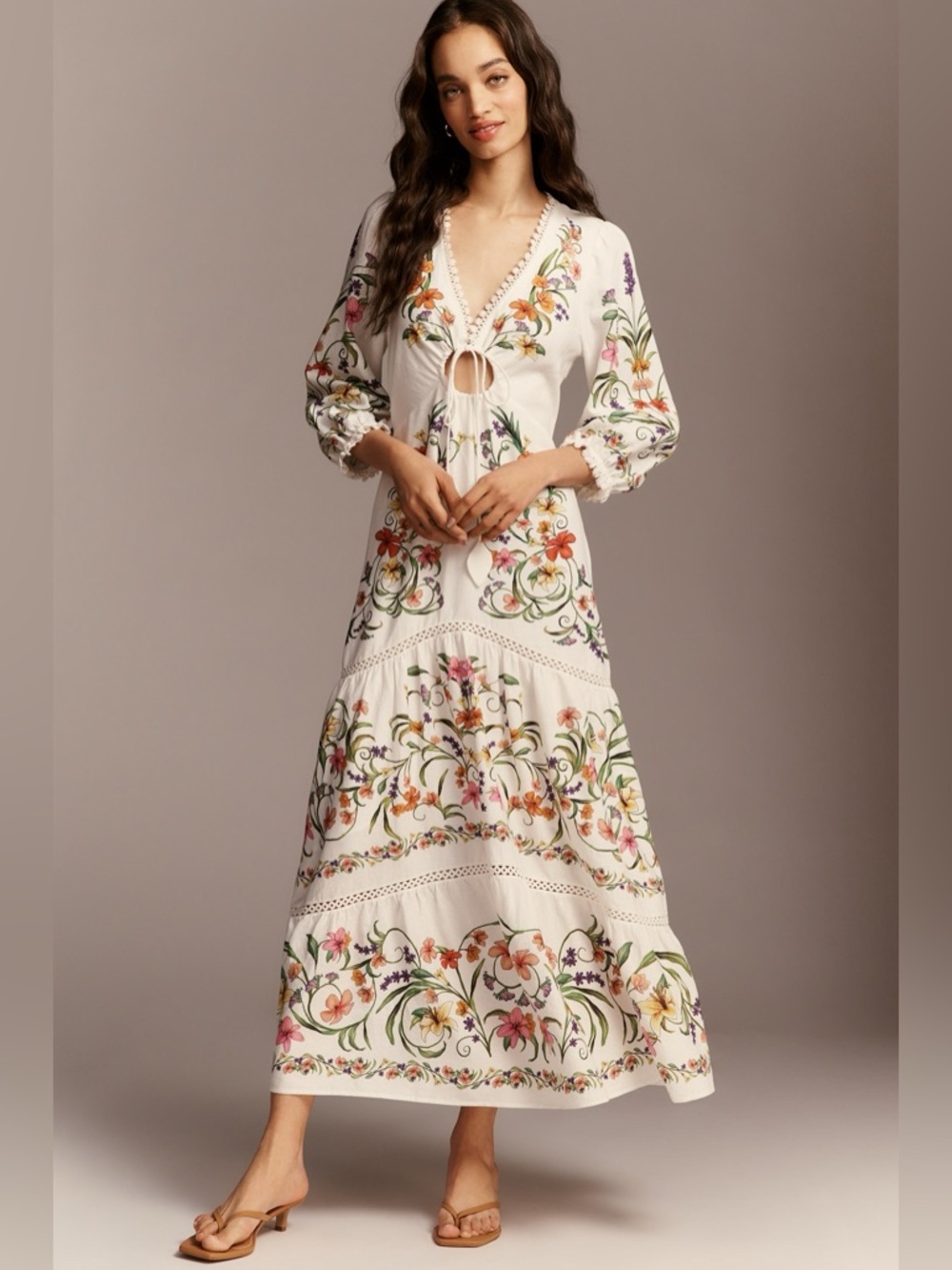 FARM Rio White Linen Blend Multicolor Floral Printed Maxi Dress Size Medium NWT